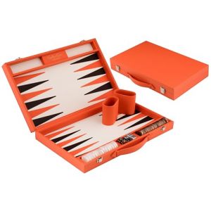 Engelhart-250564 – Backgammon 15 Pouces (38.6 cm) Mallette Luxe en Similicuir Orange – Plateau Marqueté – Ouvert 47,4 × 38,6 cm – Pions Noir/Orange – Dés et Gobelets – Jeu de Société (Matgames, neuf)