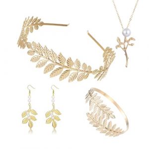 AYNKH D&eacute;guisement D&eacute;esse Grecque Femme Accessoires Ensemble - Comprend Couronne de Laurier Dor&eacute;e, Boucles d'Oreilles, Bracelet et Collier - Parfait pour D&eacute;guisement D&eacute;esse Grecque, F&ecirc;tes, Mariages (AYNKH., neuf)