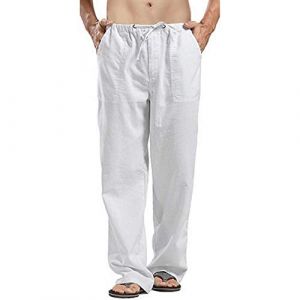 Lanckeli Pantalons en Lin pour Hommes, Pantalon d'&eacute;t&eacute; L&eacute;ger pour Homme, Pantalon en Lin uni et D&eacute;contract&eacute;, Pantalon de Yoga de Plage Multi-Poches avec Cordon de Serrage. (Lanckeli FR, neuf)