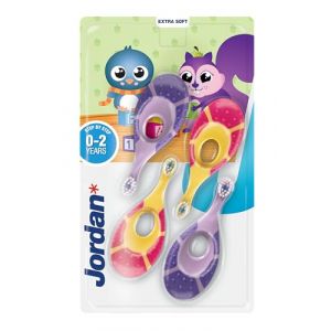 Jordan &reg; | Step 1 | Brosse &agrave; dents pour b&eacute;b&eacute;s de 0 &agrave; 2 ans | La brosse &agrave; dents pour tout-petits avec des poils extra doux & un anneau de morsure doux pour gencives des b&eacute;b&eacute;s | Rose & Violet | 4 unit&eacute;s (Orkla, neuf)
