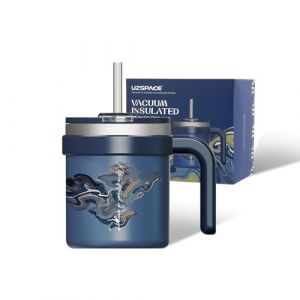UZSPACE Mug Isotherme avec Poign&eacute;e - Tasse a Cafe 500ml - Mug Thermos pour Caf&eacute; Chaud et Boissons Froides - Tasse &agrave; Caf&eacute; avec Motif Artistique et Paille, Bleue (UZSPACE Official Store, neuf)