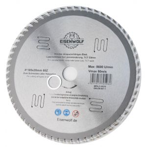 Eisenwolf 185x20 mm Lame de scie durable et résistante, lame de scie circulaire pour bois avec 60 dents TCT inclinées et découpes laser pour réduire le bruit (Eisenwolf, neuf)