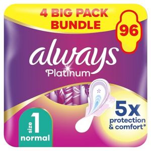Always Platinum Lot de 24 x 4 serviettes hygi&eacute;niques extra confortables, taille 1, standard, flux l&eacute;ger, 96 serviettes avec ailettes douces, protection anti-fuite, micro coussins, Fit&Flex Core, (la boutique d'arya, neuf)