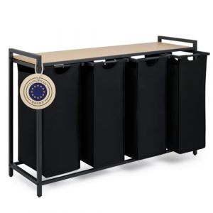 Blumtal panier a linge 4 compartiment - meuble de salle de bain avec effet bambou - panier a linge 4 sections - étagère en métal - bac deux sections avec cadre métallique sur pieds - couleur noir (Everbrent, neuf)