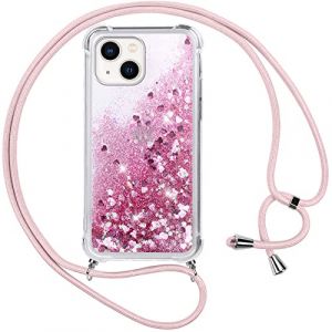 Vauki Coque iPhone 13 avec Cordon,Paillette Liquide Transparent Crystal Glitter Housse,Protection Antichoc Silicone Souple TPU Bumper Case,R&eacute;glable Collier pour iPhone 13,Rose (HARMONIQUE WAY, neuf)