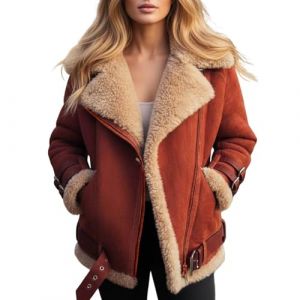 Manteaux Femme d'hiver Blouson Daim Simili Mouton Imitation Veste Chaude Retro Moto Manteau Grande Taille Veste Femme Mi Saison Doudoune avec Poches Et Zipp&eacute; (YUYUEJUE, neuf)