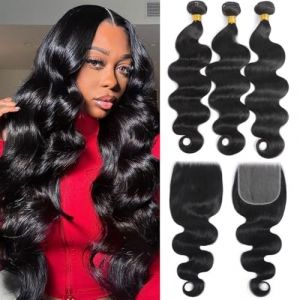 Tissage Bresilien en lot Cheveux Humain Ondul&eacute; Vierge Hair 3 Bundles with 4x4 Lace Closure Tissage Bresilien M&egrave;ches Br&eacute;silien 100% Body Wave Human Hair Naturelle Couleur 20 22 24+18 (ELEE'S HAIR, neuf)