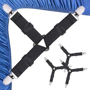 Qufiiry Attache Drap Housse, 4 Pcs NoirTendeur Drap Housse, Élastiques Ajustables Sangle Drap Housse avec Pinces Métalliques, Tendeurs De Drap pour Lit ou Canapé d'angle, Fauteuil Sièges Coussin (Superstring theory, neuf)