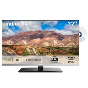 SYLVOX Smart TV 32 Pouces (80cm), 12V T&eacute;l&eacute;viseur HD LED 1080P Triple Tuner DVB-T2/S2, Android Television | Lecteur DVD int&eacute;gr&eacute; Google Play, T&eacute;l&eacute; 12V pour Camping-Car, Camion, Limo 2023 (FutureIntelligence, neuf)