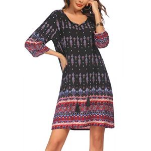 Beyove Robe Tunique Femme Boh&egrave;me Robe de Plage Tuniques Vintage Plage Tunique Manches 3/4 Col Rond Robe Motif Floral Courte &Eacute;t&eacute; Hauts Motif 2 Taille M (Pinspark, neuf)