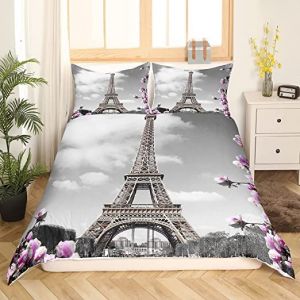 Parure De Lit Tour Eiffel L Housse De Couette Fleur Violette pour Enfants Housse De Couette City Building De Paris pour Adolescents Femmes Adultes Housse De Couette Gris Nuages Foncés pour Chambre (Suzhou yiyanyun e-commerce Co., Ltd, neuf)