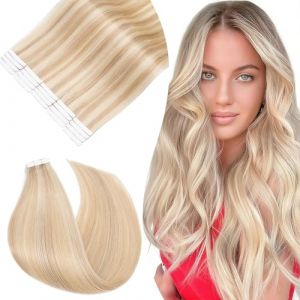 Rich Choices Extension Cheveux Naturel Adhesif Blond 50cm 20pcs Extension Adhesive Blond Extension Cheveux Humain Lisse Soyeux Droit Tape in Extensions (50g, #18/613 Blond Cendré et Blond Clair) (Elailite Direct, neuf)