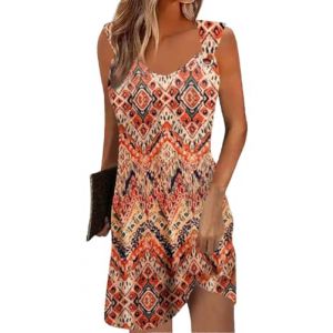 Yeenily Robe Femme Col en V sans Manches Décontractée Plage Robes Chic et Elegant Été Couleur Unie Mini Longue Tunique Robe (Orange Impression, XL) (AOXIDE, neuf)