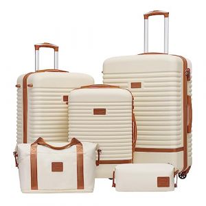 COOLIFE Valise Trolley Valise de Voyage en ABS Coque Rigide Trolley 4 Roues Serrure TSA La Valise Contient 1 Sac de Voyage et 1 Trousse de Toilette (Blanc/Marron, Lot de 5 valises) (Coolife EU Directly, neuf)