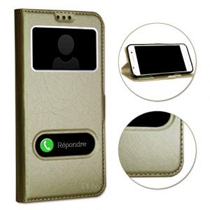 PH26 Coque pour Samsung Galaxy J3 2017 Extra Slim X2 Fen&ecirc;tres en &eacute;co Cuir de qualit&eacute; avec Fermeture Magn&eacute;tique et Surpiq&ucirc;res Apparentes Housse &eacute;tui pour Samsung Galaxy J3 2017 - Or Gold (PHONE18 expedition tr&egrave;s rapide en SUIVI POSTAL, neuf)