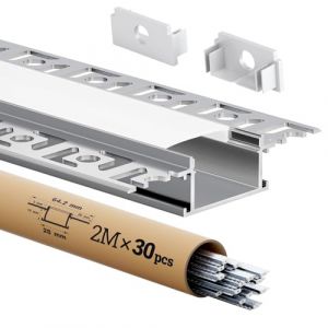 KOSOOM 30 x Profil&eacute; LED Encastrable 2m &ndash; Profil Aluminium pour Ruban LED jusqu'&agrave; 20,2 mm &ndash; Diffuseur Opalin &ndash; Rail LED pour Plafond, Placo, Mur &ndash; Kit Complet Installation (KEXUN DIRECT, neuf)