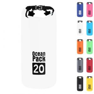 20L Sac étanche Polyvalent, 2L/5L/10L/15L/20L/30L Blanc Waterproof Dry Bag avec Longue Bandoulière Réglable Sac à Dos Confort Imperméable pour Bateau/Kayak/Pêche/Rafting/Natation/Camping/Snowboard (MUDAMUDA Store, neuf)