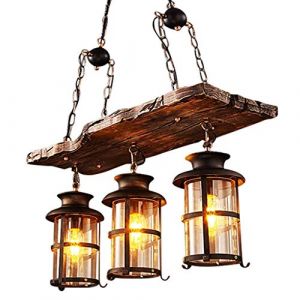 JIAODIE Rétro Lustre L'ancienne Chandelier Lustres Lumières Ancien Plafonnier Industriel Creative Suspensions Lamp Bar Comptoir Décoration Café Restaurant Bois Massif Lumières Suspendues,3*E27 (JIAODIE, neuf)
