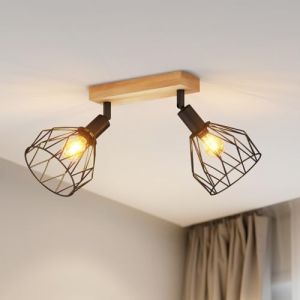 LVWIT Plafonnier 2 Spots LED E14, Luminaires Intérieur Noir, Plafonnier Bois avec Base Rectangulaire, Applique Murale Chambre, Lustre Salon(Sans Ampoules) (LED MALL, neuf)