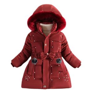 Maeau - Enfant Fille Manteau en Duvet &agrave; Capuche D&eacute;tachable Hiver Veste Mi-longue Chaude Parka Matelass&eacute;e Doudoune Rembourr&eacute; Coupe-Vent avec Ceinture - Rouge - 4-5 Ans (YDAEU, neuf)