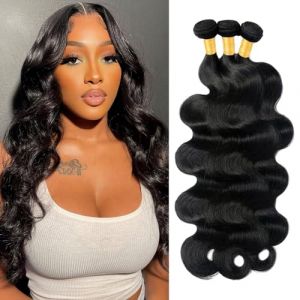 Tissage Naturel Cheveux Humain Tissage Brésilien Ondulé Meche Tissage Cheveux Humain Tissage Bresilien Cheveux Naturel 100% Body Wave Human Hair Extension Naturelle Couleur (18 20 22 pouces /210g) (FULLOVE, neuf)