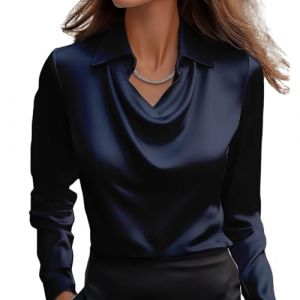 Chemisier élégant en satin à col bénitier pour femme, drapé froncé sur le devant, pull à manches longues pour le bureau, haut d'été en soie, bleu marine, S (YangLIN, neuf)