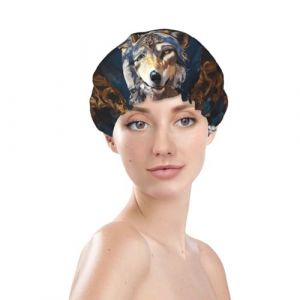 Bonnet de douche pour femme, r&eacute;utilisable, imperm&eacute;able, double couche, bande &eacute;lastique, bonnet de bain pour cheveux longs, bonnet de bain pour cheveux de loup tribaux, peinture &agrave; l'huile (JinRui-EU, neuf)
