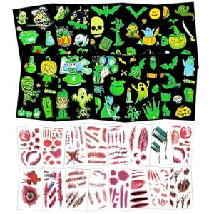 Qunkun 30 Feuilles Tatouages D'Halloween Pour Les Enfants Lumineux Halloween Tatouage EphéMèRe Autocollant Tatouages D'Halloween éCoration De FêTe Blessure Zombie D'Horreur ImperméAble (Kooyoo, neuf)