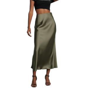 OLIPHEE Jupe Longue Femme Jupe Satin Taille Haute Elastique Robe Femme Robe Satin Ligne A Couleur Unie Casual Chic &Eacute;l&eacute;gante Soir&eacute;e Vert S (oliphee, neuf)