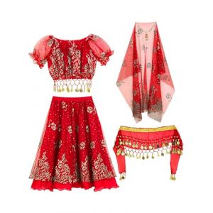 Sxiwei 5 Pi&egrave;ces Tenue Danse Orientale Fille Enfant Robe Danse du Ventre Deguisement Indienne Princesse Spectacle Cosplay A Rouge 9-10 Ans (Sxiwei, neuf)