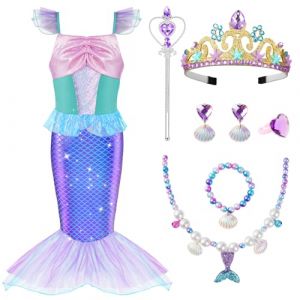 AOOWU Deguisement Robe Princesse Ariel Costume de Sir&egrave;ne pour Enfant Fille, Ariel Robe avec Couronne Baguette Magique bijoux, Deguisement Sirene pour Filles f&ecirc;te d'anniversaire Halloween Carnaval (Aixhe, neuf)