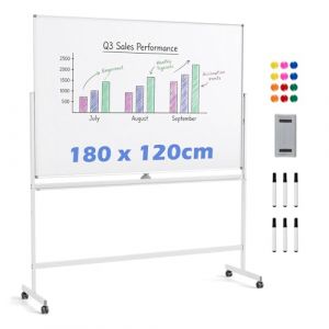COSTWAY Tableau Blanc Effacable sur Pied 180 x 120 cm, Double Face, Tableau Blanc Roulette, 2 Hauteurs R&eacute;glables, Cadre en Alu M&eacute;tal, 10 Aimants, Whiteboard Magnetique pour &Eacute;cole Bureau Maison (FDS GmbH, neuf)