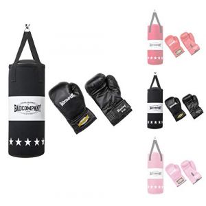 Kit de boxe professionnel pour enfants avec1 sac de frappe rempli en toile 60 x 25 cm (8,7 kg) et une paire de gants de boxe 8 oz noir en PVC (Bad-Company GmbH & Co. KG, neuf)