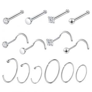 OQKAHIV 14Pcs Piercing Nez, Piercing Nez Anneaux boucles, Piercing Nez en Acier Chirurgical Piercing au Nez, Piercings Nez Anneau pour Femmes Hommes Piercing Septum Argent Bijoux Femme (OQKAHIV, neuf)