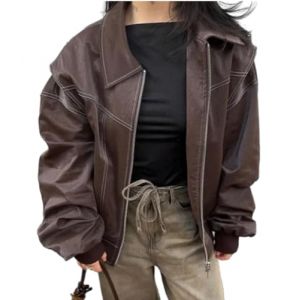 ORANDESIGNE Veste de Motard Surdimensionn&eacute;e en Similicuir pour Femme Leather Blazer Manteau Fermeture &eacute;clair Oversize Jacket Veste Bomber en Cuir F Marron M (Wowmart Zoo X., neuf)
