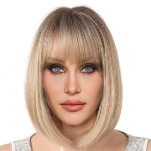 Perruque Bob courte, perruque Bob avec frange - Cheveux synthétiques résistants à la chaleur, aspect naturel - Frange de perruque droite courte, perruque synthétique naturelle résistante à la chaleur, (Veafam, neuf)