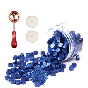 Comealltime Lot de 248 Perles de cire &agrave; cacheter, Perles de cire octogonales avec 2 bougies et 1 cuill&egrave;re &agrave; cire, Vernis de sceau pour sceau en cire (Bleu marin) (Comealltime, neuf)