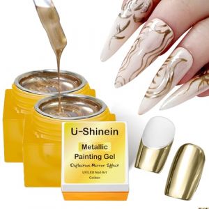 U-Shinein 2 * 8ml Gel Métallique à Peindre, Vernis à ongles en gel peint en métal, 3D Gel Métallique Peint Dessin Miroir Vernis à Ongles Glossy, Peinture Liner Gel, Besoin Durcir, 2*Doré (U-Shinein Beauty, neuf)