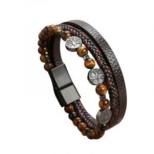 HOPWODE Bracelet Homme Cuir,Bracelet Arbre de Vie pour Homme, Bracelet en Cuir V&eacute;ritable Tress&eacute; Multicouche Marron avec Fermoir Magn&eacute;tique Noir, Bracelets R&eacute;glables en Perles de Pierre &OElig;il de T (Ningyuan County bogan department store convenience Co., LTD,