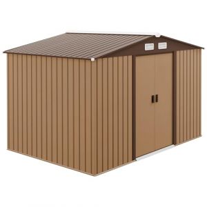 Outsunny Abri de Jardin en métal 5,4 m² cabane de Jardin 277 x 195 x 192 cm cabanon Rangement Outils avec Fondation, Porte coulissante verrouillables et 4 aérations - Jaune (Aosom FR, neuf)