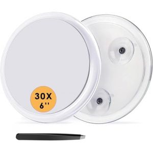 Auxmir Miroir Grossissant 30X, Miroir Rond Mural avec 3 Ventouses, Miroir Cosmétique de Poche Portable, Miroir de Voyage avec Pince à Épiler pour Maquillage Épilation Elimination Points Noirs (15cm) (Auxmir Direct, neuf)