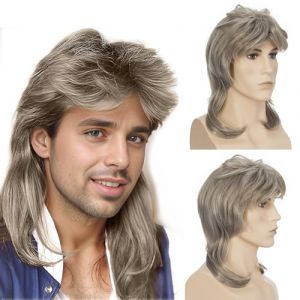 PARXITN Hommes Vokuhila Années 70 80s 90s Mullet Perruque Hommes Long Synthétique Cheveux Cosplay Halloween Costume Fête Preuve Gris Mélange Blonde (HAIRREAL, neuf)