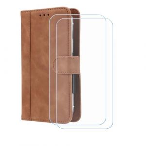 BMPNLSZ PU Cuir Etui pour Logicom Sense + [2 pi&egrave;ces] Verre tremp&eacute;, HD Anti Rayures Film Protection &eacute;cran - Fermeture Pliant Coque Cover Housse de Protection pour (6,5") - Brown-XHDFG (lmlq, neuf)