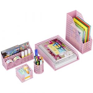 Solinxe Set d'organisation de Bureau en m&eacute;tal - Bac &agrave; Documents A4 Bac &agrave; courrier Porte-Crayons Porte-Lettres et Porte-Notes adh&eacute;sives, Rose (Solinxe Direct, neuf)