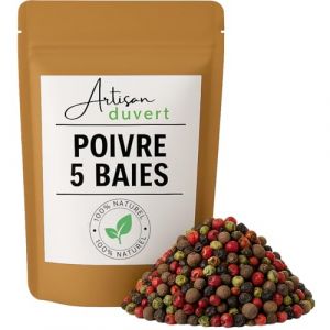 Poivre 5 Baies Entier &ndash; M&eacute;lange Premium de Poivre Noir, Blanc, Vert, Rouge et Piment de Jama&iuml;que &ndash; Ar&ocirc;me Intense et &Eacute;quilibr&eacute; &ndash; Pour Moulin, Cuisine, Grillades &ndash; Artisan du Vert (250g) (L'Artisan du Vert, neuf)