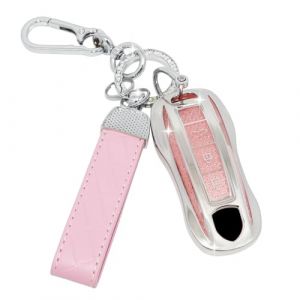 SparkleJoy Coque Cl&eacute; Voiture TPU avec Un Porte-Cl&eacute;s en Cuir,Etui Cl&eacute; &Eacute;tui Cl&eacute; Compatible avec Porsche Cayenne 958 911 996 Macan Panamera 997 987 987 GT3 Cayman ，Couvre Clef Cache Cle Voiture (Rose) (AutoVeloce Europe, neuf)