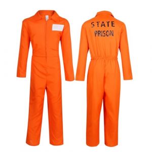 BSBUY Costume de Prisonnier Adulte, 7Pcs Kit de Jumpsuit Prisoner Orange avec Plaques Num&eacute;rot&eacute;es/Plaques Nominatives/Menottes/Cha&icirc;nes/Autocollants T&ecirc;te de Mort, D&eacute;guisement Halloween Carnaval Cosplay (BSBUY, neuf)