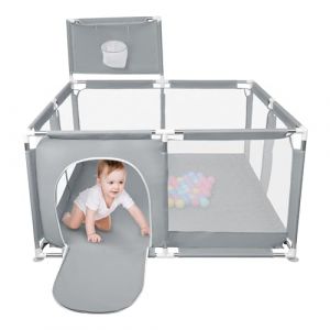 Grand Parc avec Grille de Protection,Parc pour B&eacute;b&eacute;, Modulable, Pliable,Grand parc pour enfant en bas &acirc;ge,50 Balles,Basketball Rack,Avec 4 Ventouses -126 * 126 * 66cm-Gris fonc&eacute; (Hechheu, neuf)