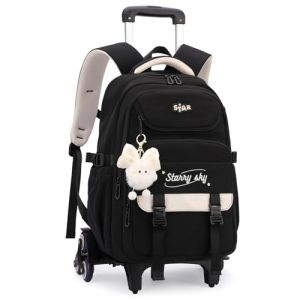 Amythe Cartable a Roulette Fille, 30L Sac &agrave; Dos &agrave; Roulettes pour l'&eacute;cole Primaire et Coll&egrave;ge, Sac a Dos Scolaire D&eacute;contract&eacute; avec Chariot pour Voyages, 6 Roues, Noir (Amythe, neuf)
