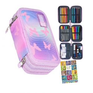 Goldkids - Trousse &agrave; 3 compartiments - Trousse pour filles et gar&ccedil;ons - Trousse &agrave; 3 compartiments - Trousse remplie - Trousse d'&eacute;colier et cahier de devoirs, motif papillons, 3-f&auml;hig, Trousse &agrave; (Goldkids, neuf)